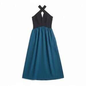 Chelsea28 New Mixed Media Colorblock Halter Midi Dress Turquoise Black S Elegant